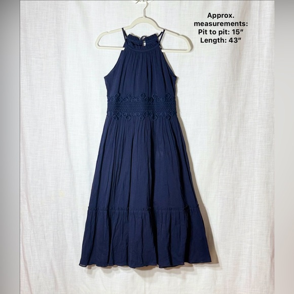 Eliza J Dresses & Skirts - Elisa J Navy Blue Halter Midi Dress Cotton Lace Tiered Boho Size 2 cottagecore
